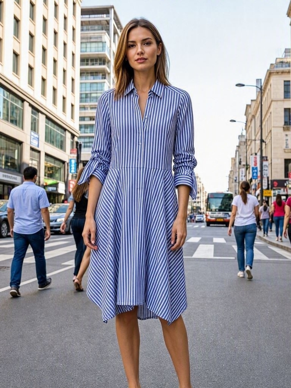 BCBGMaxAzria Blue & White Striped High-Low Shirt Dress